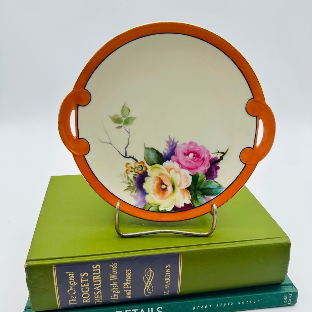 Noritake Vintage Hand Painted Floral Porcelain Handled Cake Plate Orange 7.5in